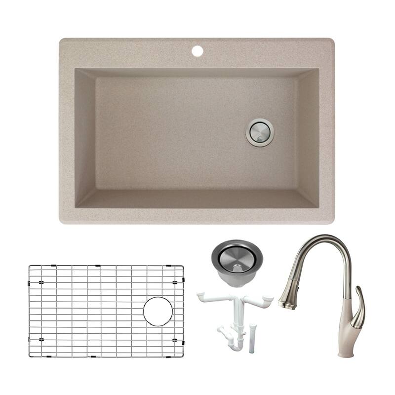 Transolid Radius Granite 33-in Drop-In Kitchen Sink Kit with Faucet, Grids, Strainers and Drain Installation Kit - Cafe Latte