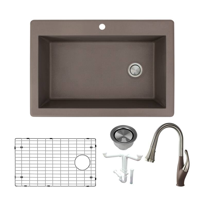Transolid Radius Granite 33-in Drop-In Kitchen Sink Kit with Faucet, Grids, Strainers and Drain Installation Kit - Espresso