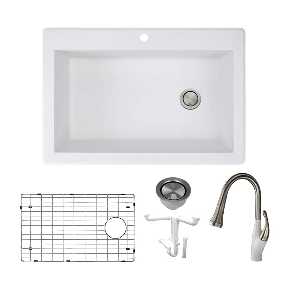 Transolid Radius Granite 33-in Drop-In Kitchen Sink Kit with Faucet, Grids, Strainers and Drain Installation Kit