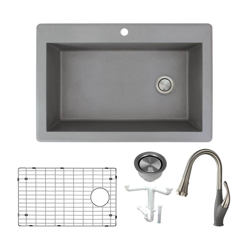 Transolid Radius Granite 33-in Drop-In Kitchen Sink Kit with Faucet, Grids, Strainers and Drain Installation Kit - Grey