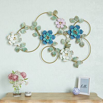 Kamea Teal/Lavender/Patina Metallic Blossoms Wall Decor - 27"H x 40.5"W x 1.5"D