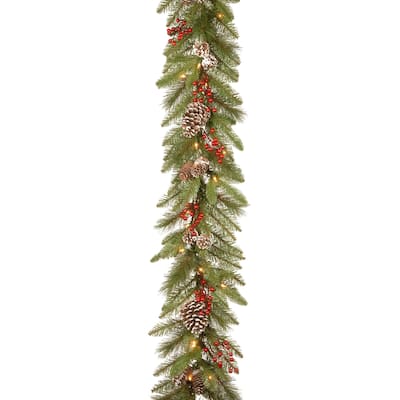 National Tree Company 9 ft. Bristle Berry Pine Garland with Battery-operated LED Lights - 9 ft