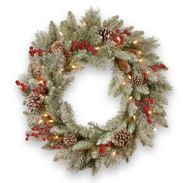 24in. Snowy Bristle Berry Wreath with Battery Operated LED Lights