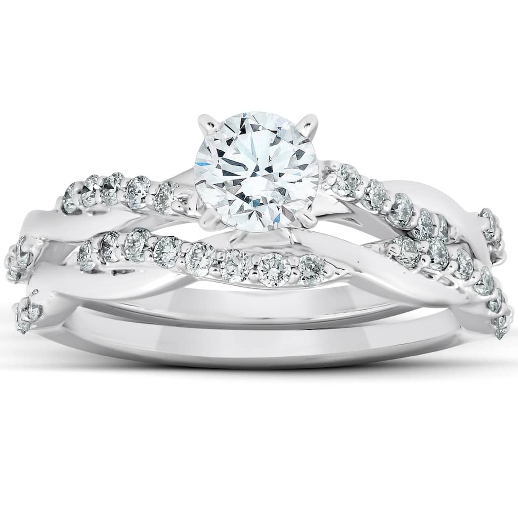 3/4Ct Diamond Infinity Engagement Ring Set 14k White Gold Maching Woven Band