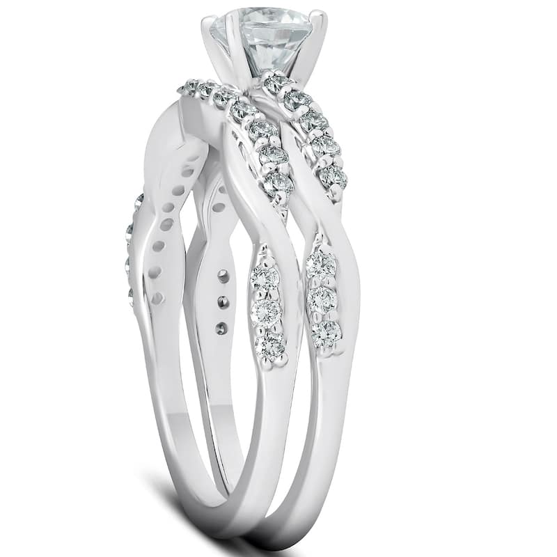 3/4Ct Diamond Infinity Engagement Ring Set 14k White Gold Maching Woven Band