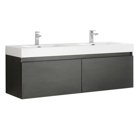 Fresca Mezzo 60" Black Wall Hung Double Sink Modern Bathroom Cabinet w/ Integrated Sink