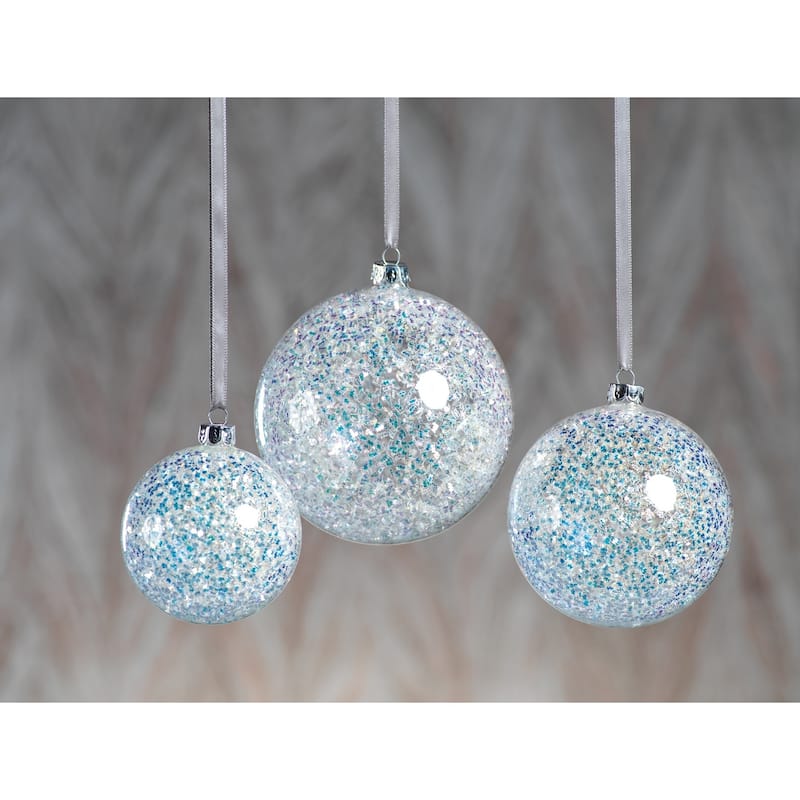 Silver and Blue Sequin Ball Ornaments, Set of 4