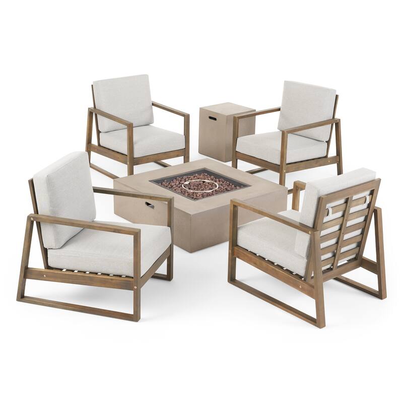 Belgian Outdoor 4 Seater Chat Set with Fire Pit by Christopher Knight Home - Gray Finish+Light Gray Cushion