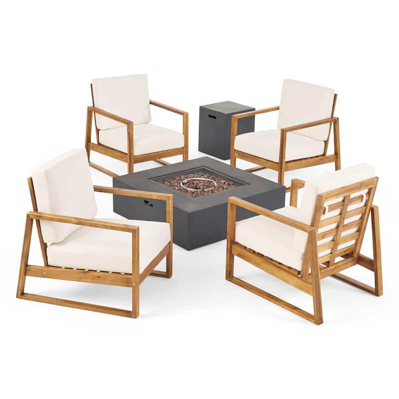 Belgian Outdoor 4 Seater Chat Set with Fire Pit by Christopher Knight Home - Teak Finish+Beige Cushion +Dark Gray