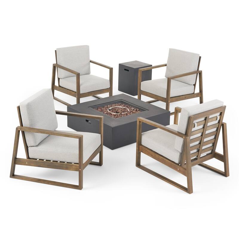 Belgian Outdoor 4 Seater Chat Set with Fire Pit by Christopher Knight Home - Gray Finish+Light Gray Cushion+Dark Gray
