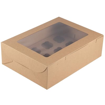 12-Pack Kraft Paper Cupcake Boxes Bakery Box with Display Window and Inserts
