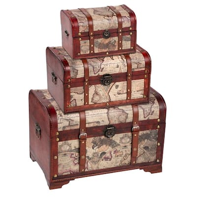 Juvale Wooden Chest Trunk, 3-Piece Storage Trunk and Chests - Map Pattern