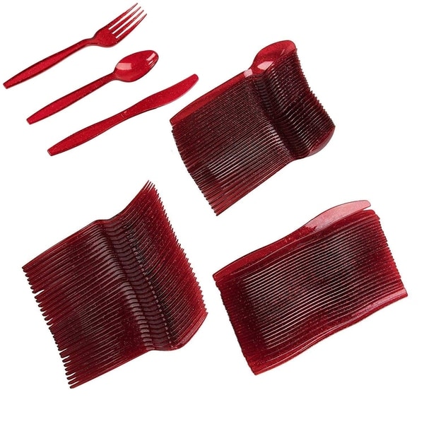 REUSABLE PLASTIC METALLIC CUTLERY SET PARTY FORKS SPOONS 48 RED DISPOSABLE