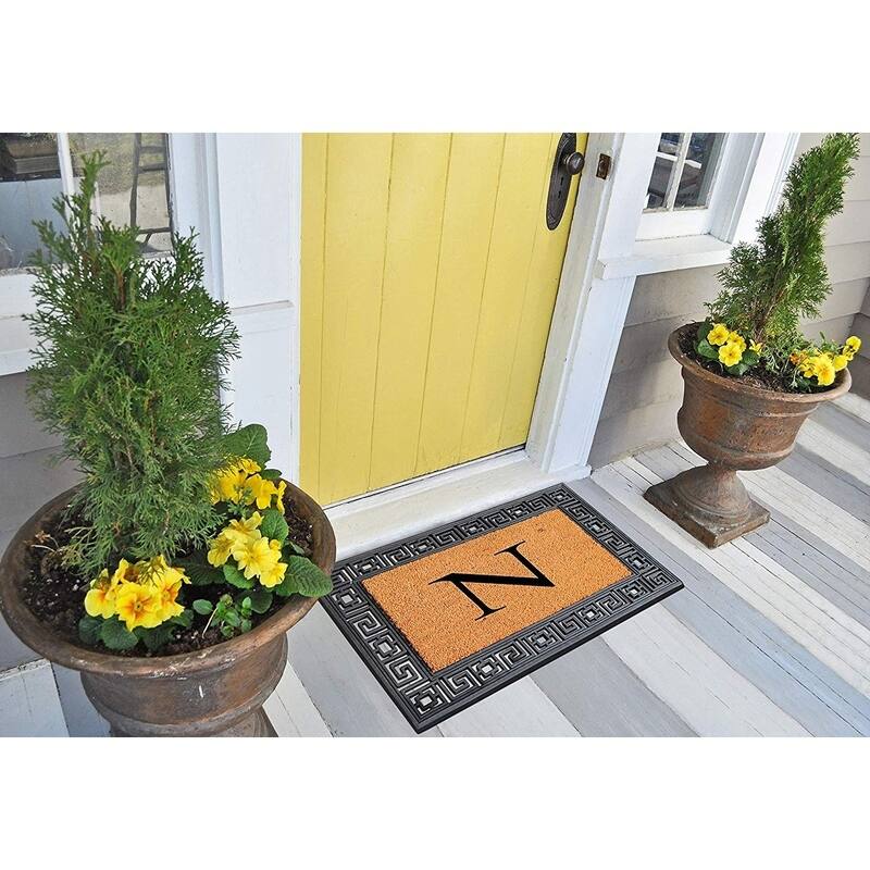 A1HC First Impressions Rubber and Coir Greek Key Border 24" X 36", Heavy Duty, Outdoor Monogrammed Doormat