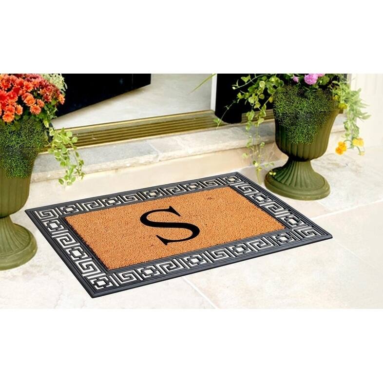 A1HC First Impressions Rubber and Coir Greek Key Border 24" X 36", Heavy Duty, Outdoor Monogrammed Doormat