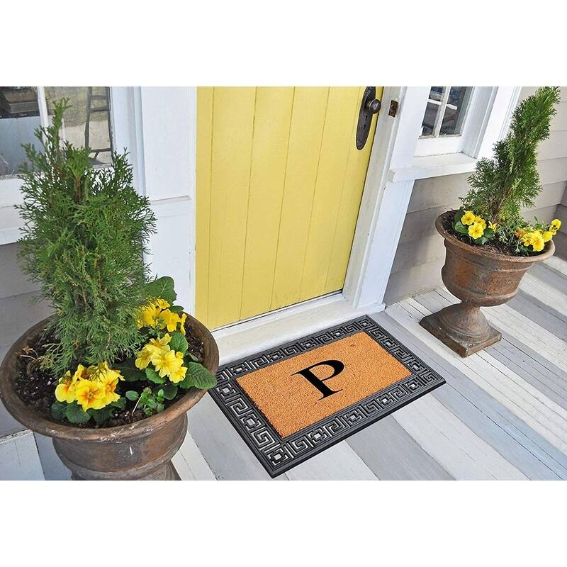 A1HC First Impressions Rubber and Coir Greek Key Border 24" X 36", Heavy Duty, Outdoor Monogrammed Doormat
