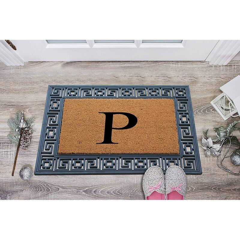 A1HC First Impressions Rubber and Coir Greek Key Border 24" X 36", Heavy Duty, Outdoor Monogrammed Doormat