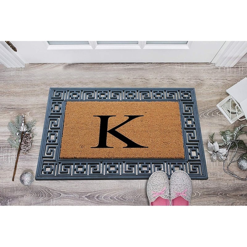 A1HC First Impressions Rubber and Coir Greek Key Border 24" X 36", Heavy Duty, Outdoor Monogrammed Doormat