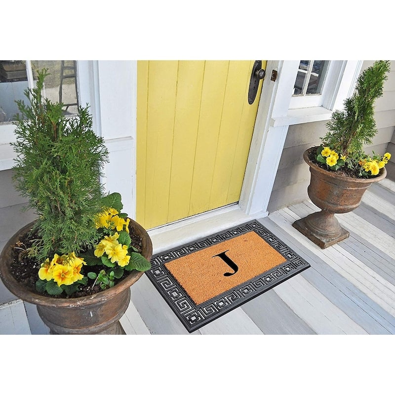 A1HC First Impressions Rubber and Coir Greek Key Border 24" X 36", Heavy Duty, Outdoor Monogrammed Doormat