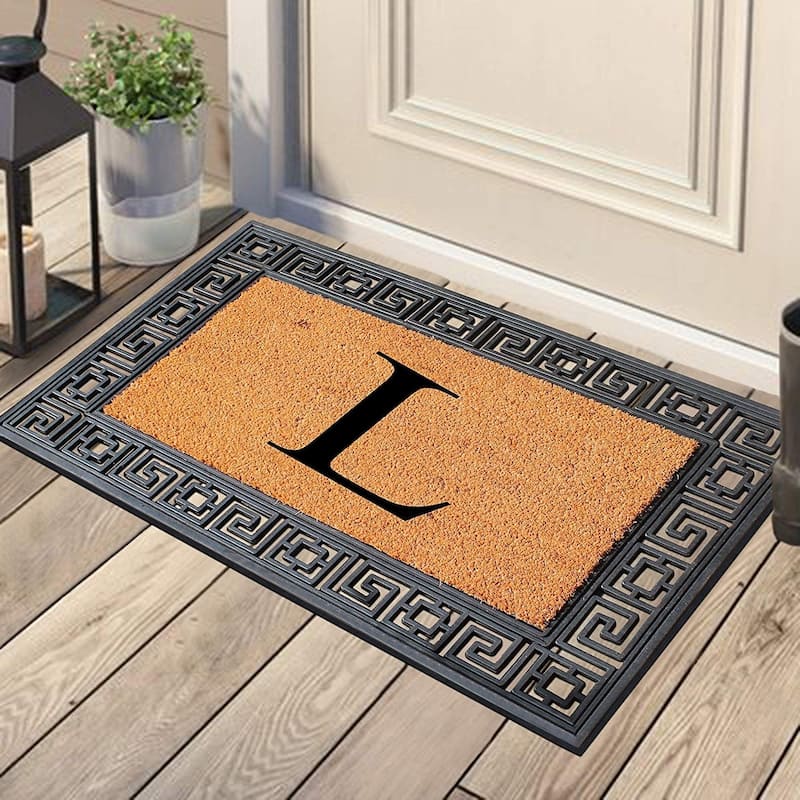 A1HC First Impressions Rubber and Coir Greek Key Border 24" X 36", Heavy Duty, Outdoor Monogrammed Doormat