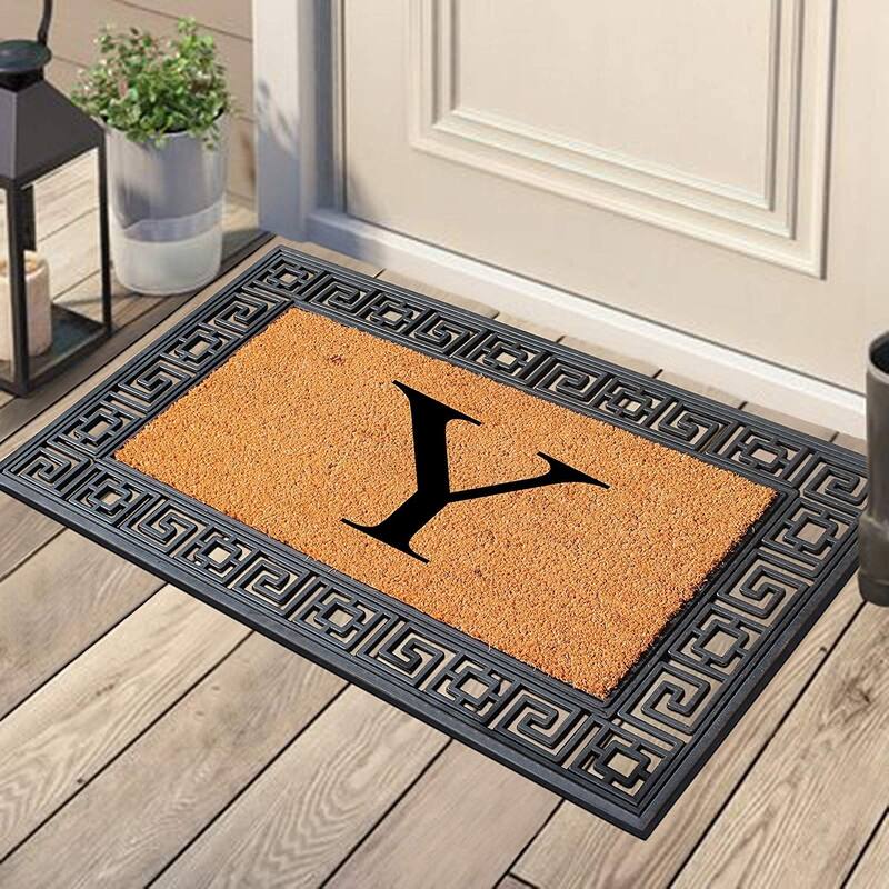 A1HC First Impressions Rubber and Coir Greek Key Border 24" X 36", Heavy Duty, Outdoor Monogrammed Doormat