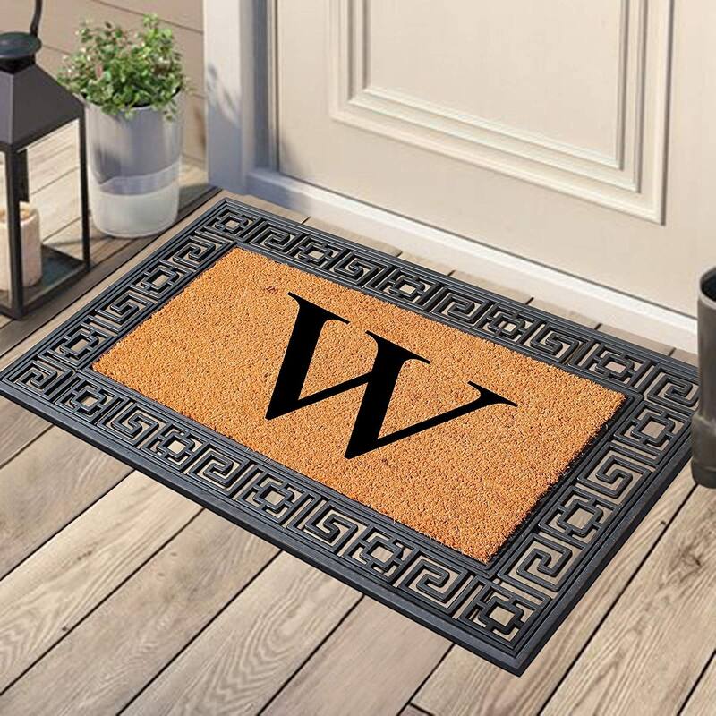 A1HC First Impressions Rubber and Coir Greek Key Border 24" X 36", Heavy Duty, Outdoor Monogrammed Doormat