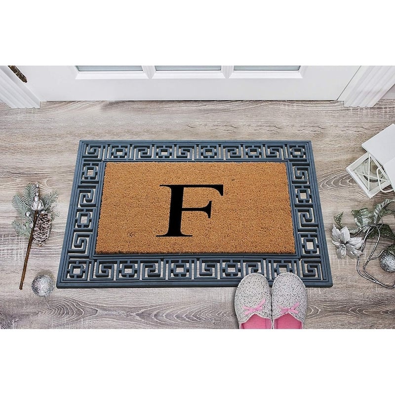 A1HC First Impressions Rubber and Coir Greek Key Border 24" X 36", Heavy Duty, Outdoor Monogrammed Doormat