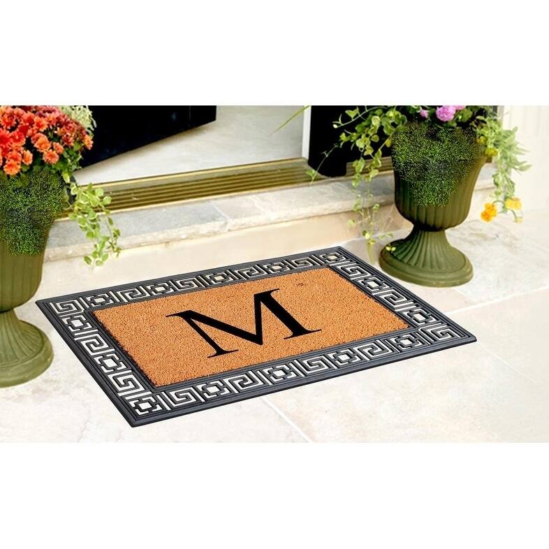 A1HC First Impressions Rubber and Coir Greek Key Border 24" X 36", Heavy Duty, Outdoor Monogrammed Doormat