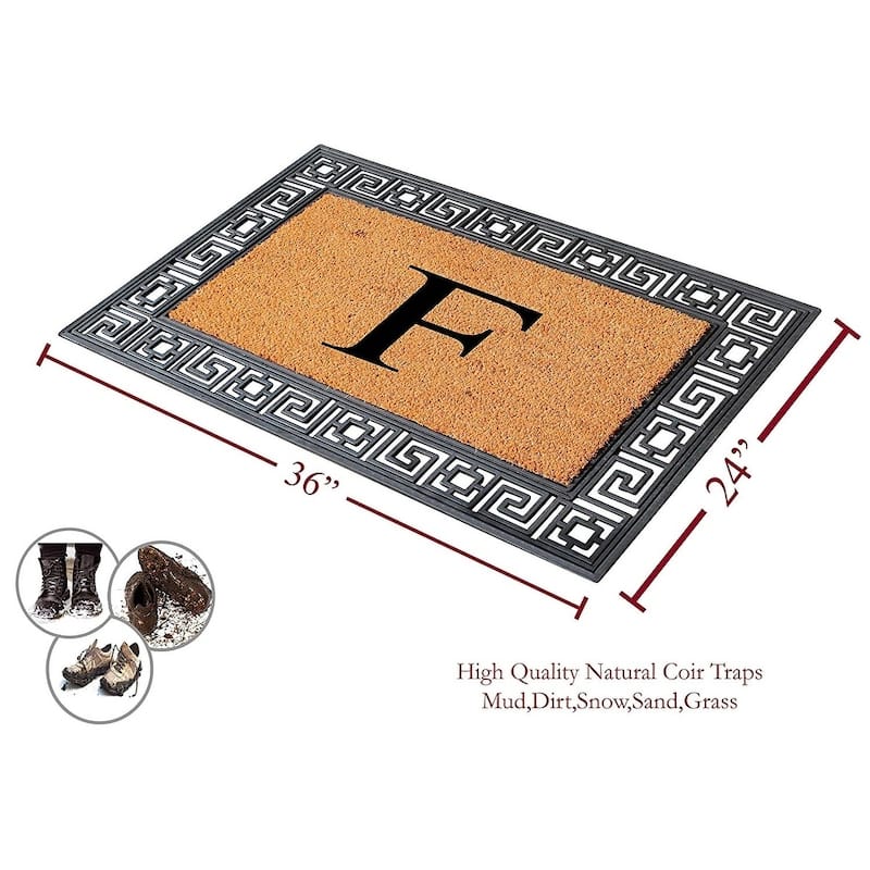 A1HC First Impressions Rubber and Coir Greek Key Border 24" X 36", Heavy Duty, Outdoor Monogrammed Doormat