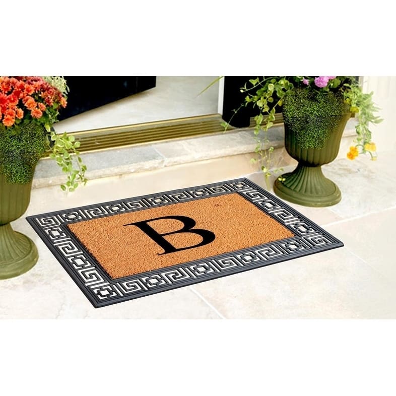 A1HC First Impressions Rubber and Coir Greek Key Border 24" X 36", Heavy Duty, Outdoor Monogrammed Doormat