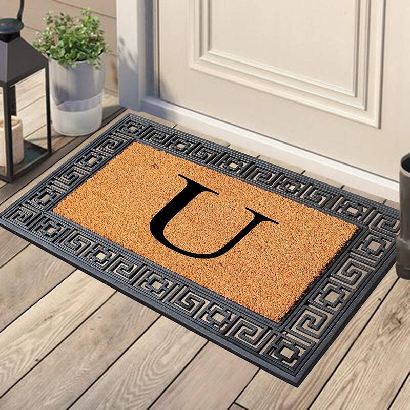 A1HC First Impressions Rubber and Coir Greek Key Border 24" X 36", Heavy Duty, Outdoor Monogrammed Doormat