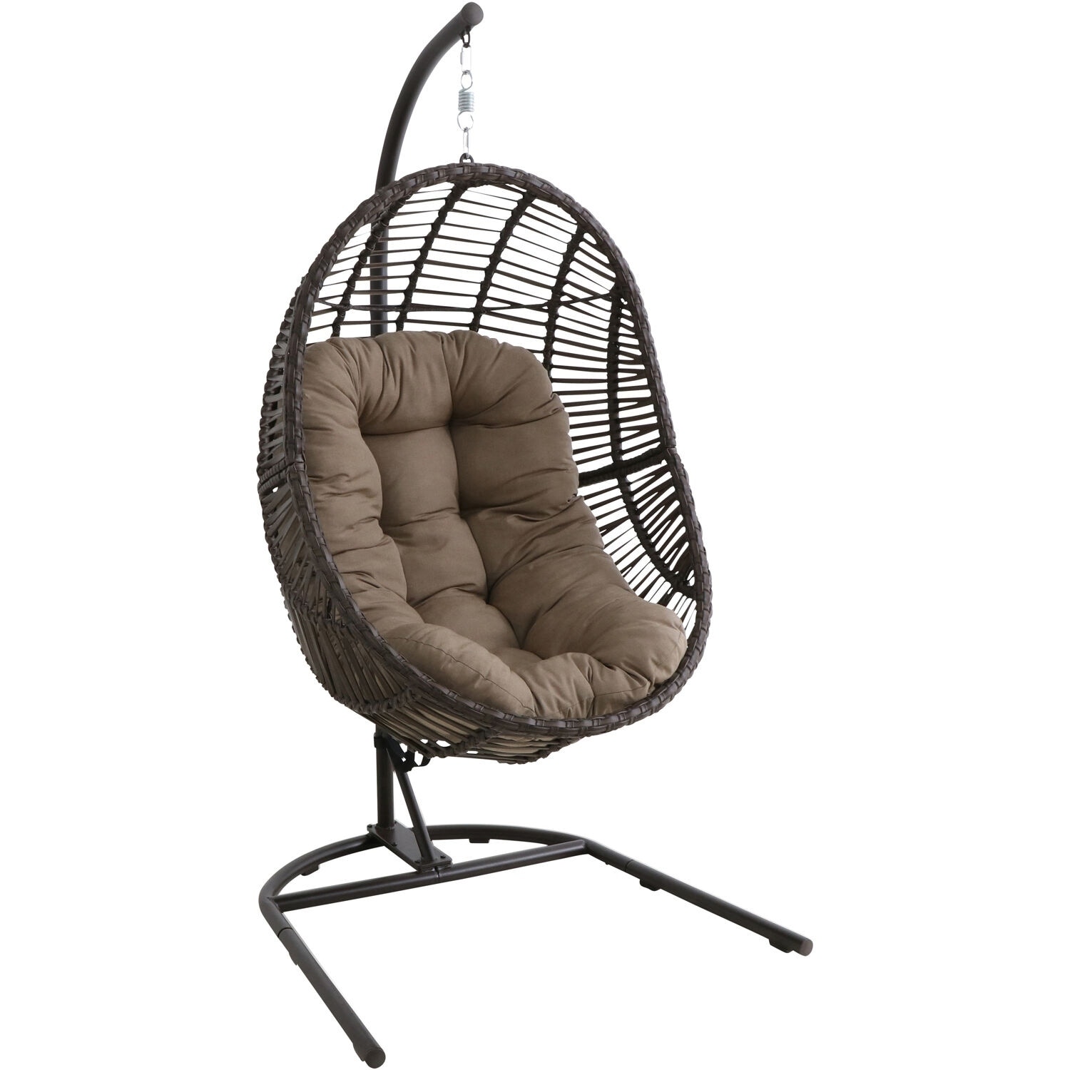 isla brown wicker hanging egg chair with taupe cushion