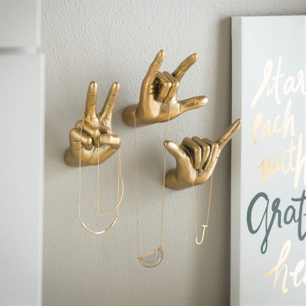 Peace Love Hang Loose Gold Hands Wall Hook SET OF 3 Bohemian