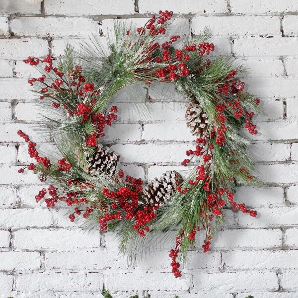 22" Waterproof Berry Pine/Cedar W/Cones Wreath. Opens flyout.