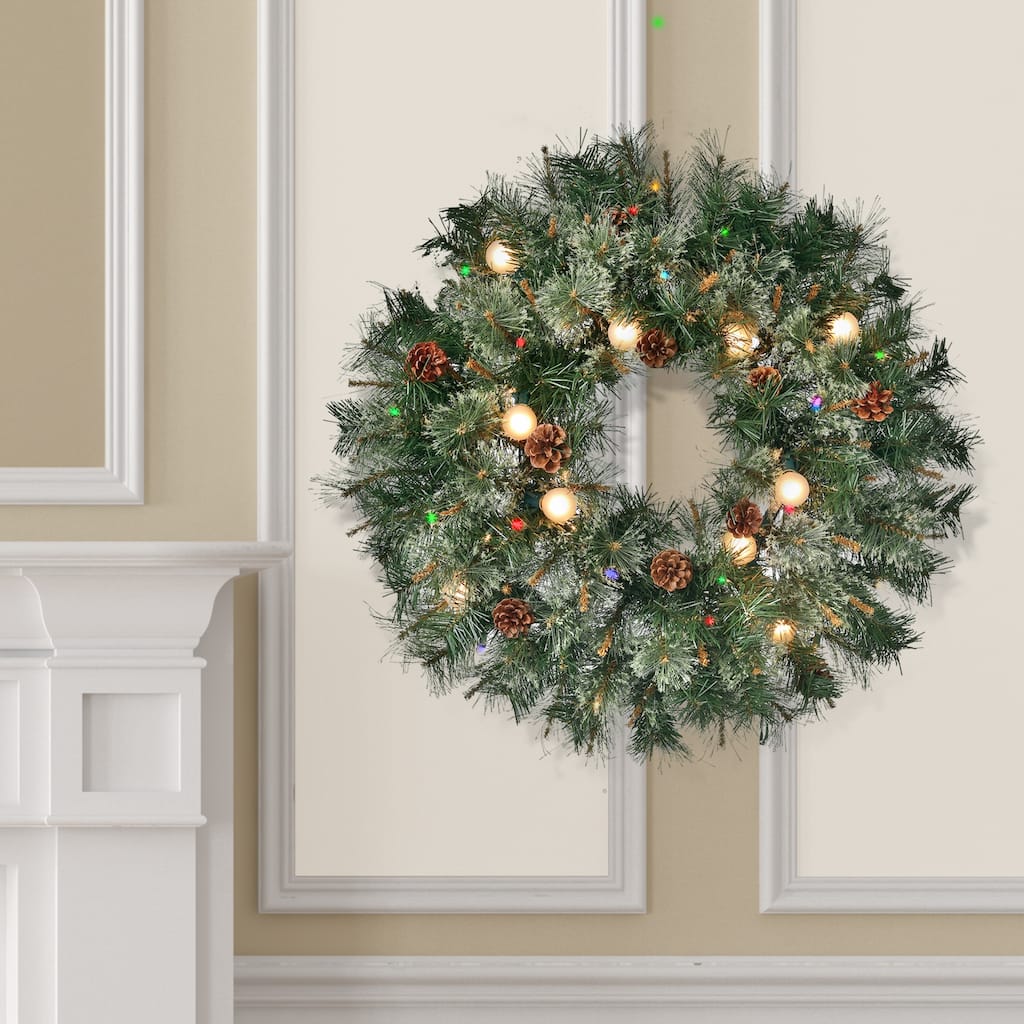 30-Inch Cottonwood Twinkle Wreath 50 Mini Lights+14 G40 Bulbs - 30"