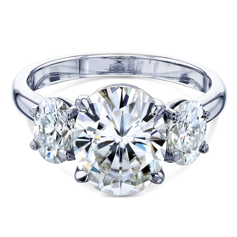 Kobelli 4 Carats Moissanite 14k Solid Gold Oval 3-Stone Plain Band Elena Engagement Ring - 8 - White
