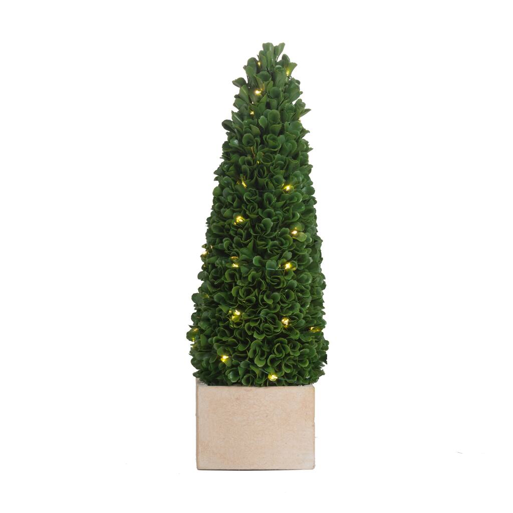 Green 16-inch Faux Boxwood Potted Topiary Tree with Lights