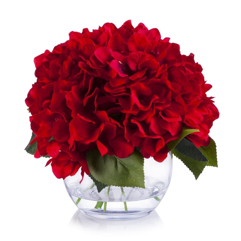 Enova Home Red Artificial Silk Hydrangea Fake Flowers Arrangement in Clear White Vase with Faux Water for Home Wedding Decor