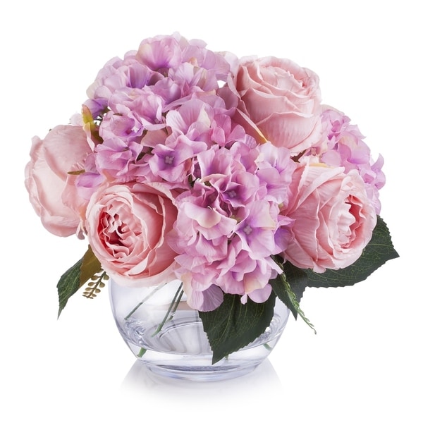 Enova Home Pink Silk Hydrangea and Peony Flower Arrangement in Clear White Vase with Faux Water For Home Decoration