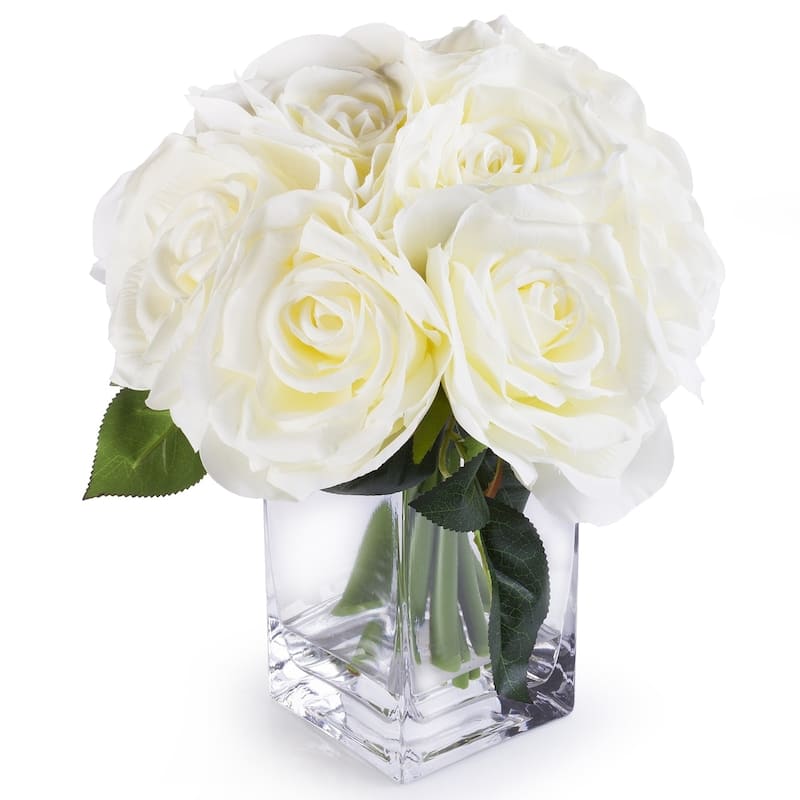 Enova Home Cream Artificial Silk Open Roses Fake Flowers Arrangement in Clear White Vase with Faux Water for Home Wedding Decor