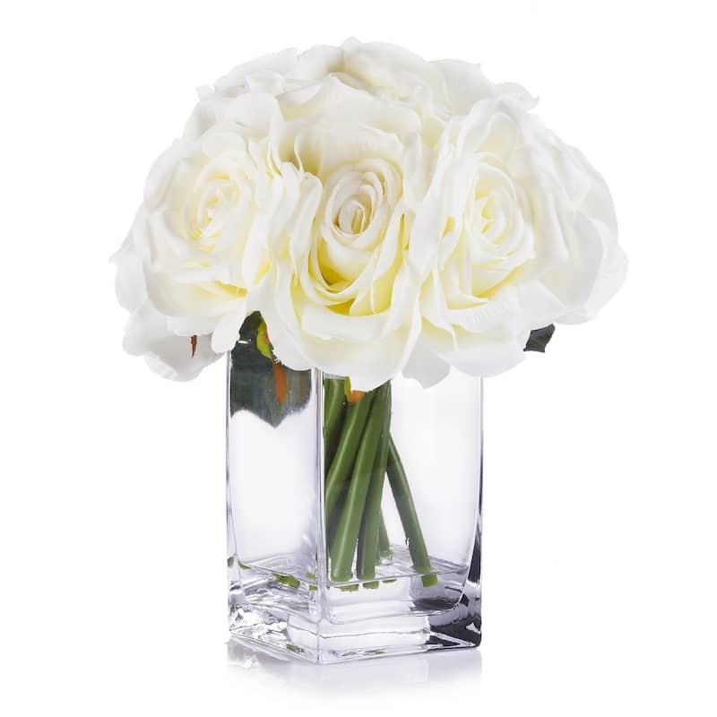 Enova Home Cream Artificial Silk Open Roses Fake Flowers Arrangement in Clear White Vase with Faux Water for Home Wedding Decor