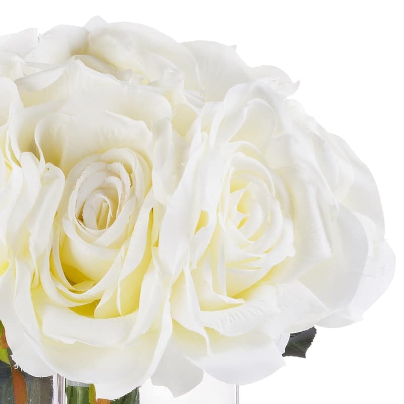 Enova Home Cream Artificial Silk Open Roses Fake Flowers Arrangement in Clear White Vase with Faux Water for Home Wedding Decor