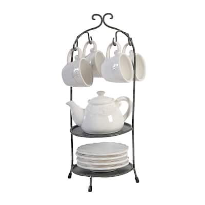 A&B Home Louis Fleur-de-lis White and Dark Bronze Tea Set with Stand (Set of 10)