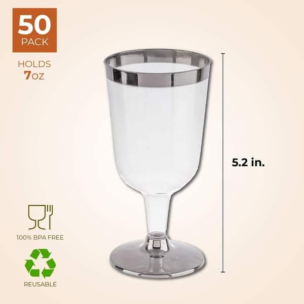 50Pack Silver Rimmed Disposable Wine Glasses Goblet Cups for Parties