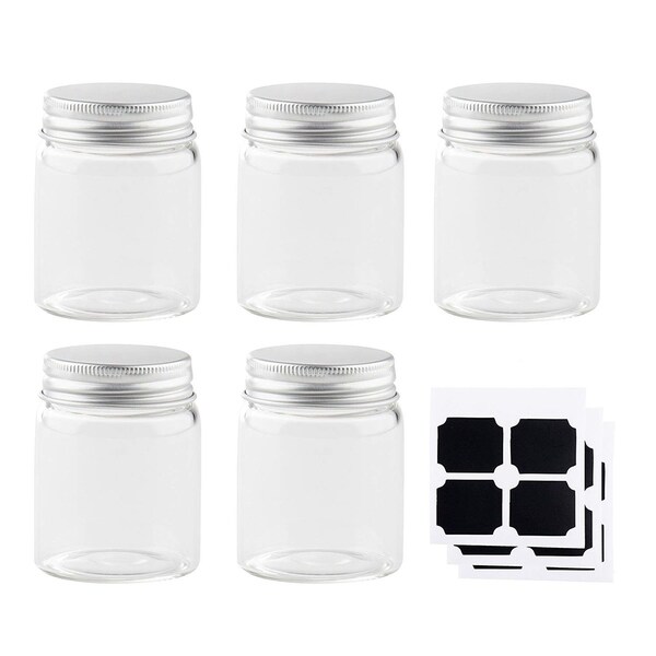 5x Clear Mini Tiny Transparent Glass Storage Jar Container Lid+12 Labels, 1.7 Oz