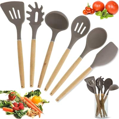 Bamboo Non-Stick Silicone Kitchen Utensil Cooking Tools 7 Piece Set with Holder