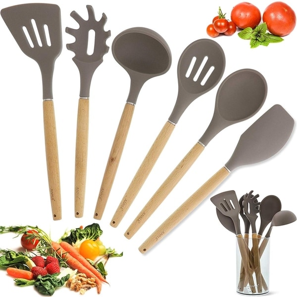 Bamboo Non-Stick Silicone Kitchen Utensil Cooking Tools 7 Piece Set with Holder. Opens flyout.