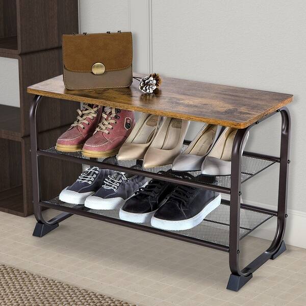 Shop Black Friday Deals On Carbon Loft Peignor Industrial 3 Tier Wood Top Shoe Rack With Metal Base On Sale Overstock 29074368