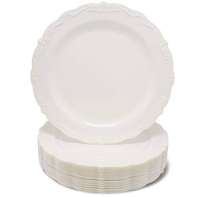 25 Pack Wedding Dinnerware, Cream Plastic Plates for Parties, Birthdays, Dinners