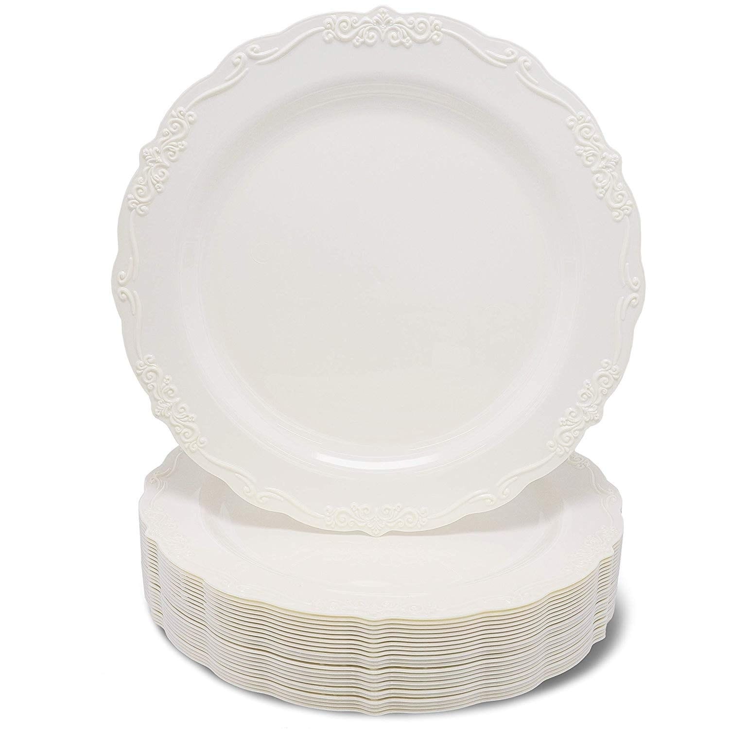 Stock Your Home 50 Piece Disposable Plates - Heavy Duty Plastic Dinnerware  for Wedding Birthday Party Holiday Baby Shower - Includes 25 Dinner Plates